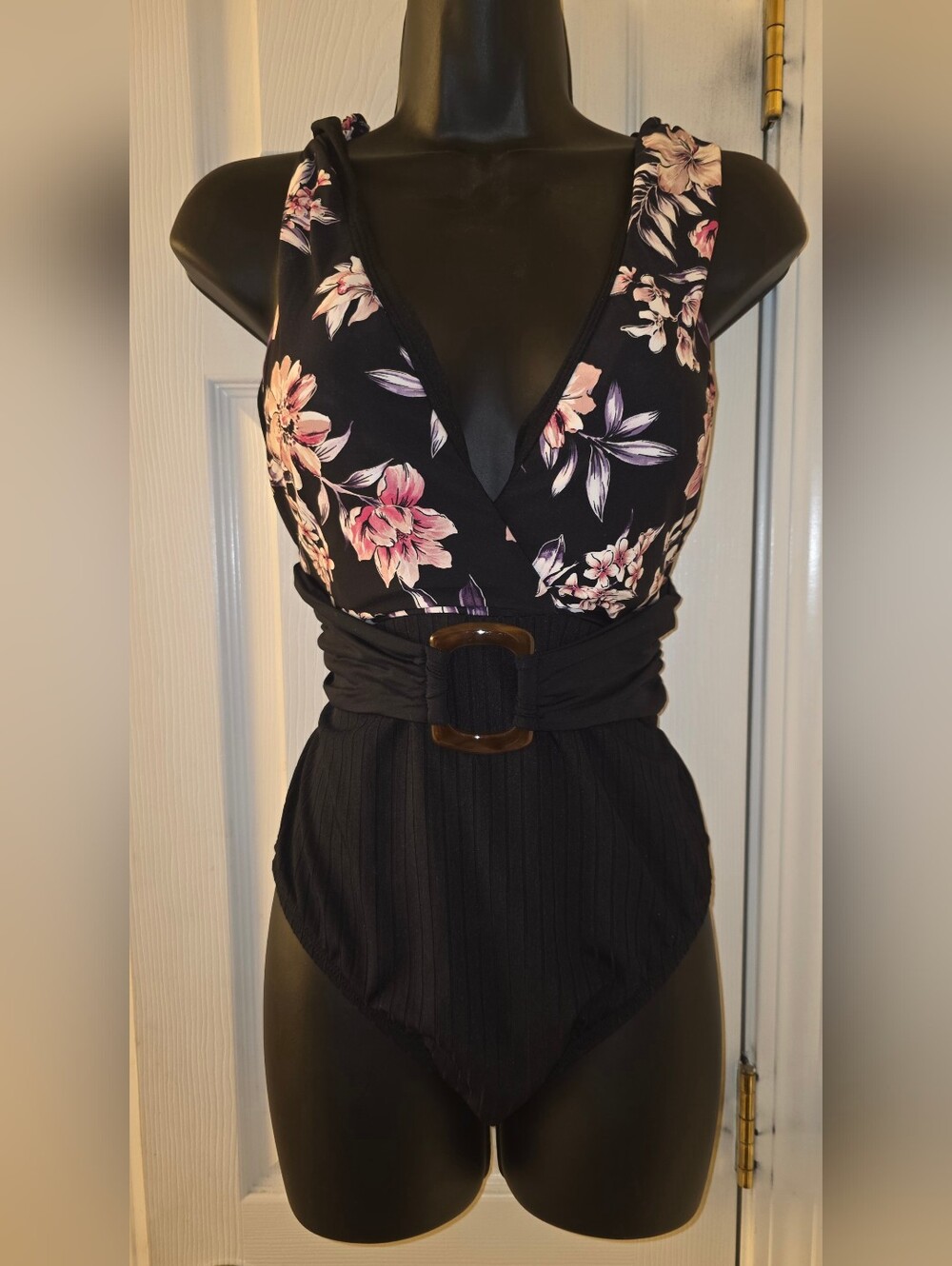 Floral Print & Black One-Piece Swimsuit with Belt - Large